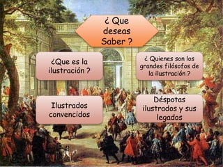 ¿ Que
                deseas
                Saber ?
                           ¿ Quienes son los
 ¿Que es la
                          grandes filósofos de
ilustración ?                la ilustración ?



                              Déspotas
 Ilustrados               ilustrados y sus
convencidos                    legados
 