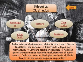 Filósofos                       volver
                    Ilustrados


Montesqui                                    John
                      Voltaire
   eu                                        Locke


     Adam                              Rousseau
     Smith


 Todos estos se destacan por relatar textos como ; Cartas
    filosóficas por Voltaire , el Espíritu de la leyes por
  Montesquieu y Contrato social por Rousseau y también
  por esclarecer nuevas idea que revolucionarían el nuevo
  mundo . Cada uno creando ideologías que hasta el día de
         hoy no se han dejado de poner en practica .
 