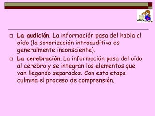    La audición. La información pasa del habla al
    oído (la sonorización introauditiva es
    generalmente inconsciente).
   La cerebración. La información pasa del oído
    al cerebro y se integran los elementos que
    van llegando separados. Con esta etapa
    culmina el proceso de comprensión.
 