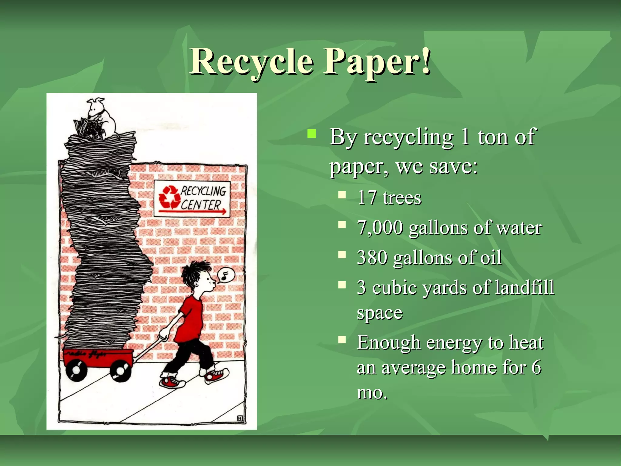 Recycle Paper!


By recycling 1 ton of
paper, we save:







17 trees
7,000 gallons of water
380 gallons of oil
3 cubic yards of landfill
space
Enough energy to heat
an average home for 6
mo.

 