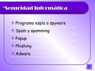 *Seguridad Informática
Programa espía o spyware
Spam y spamming
Popup
Phishing
Adware
(hacer clic en la flecha)
 