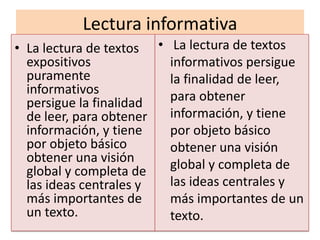 Lectura informativa
• La lectura de textos • La lectura de textos
  expositivos            informativos persigue
  puramente              la finalidad de leer,
  informativos           para obtener
  persigue la finalidad
  de leer, para obtener  información, y tiene
  información, y tiene   por objeto básico
  por objeto básico      obtener una visión
  obtener una visión     global y completa de
  global y completa de
  las ideas centrales y  las ideas centrales y
  más importantes de     más importantes de un
  un texto.              texto.
 