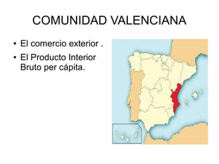 COMUNIDAD VALENCIANA
● El comercio exterior .
● El Producto Interior
Bruto per cápita.
 