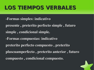 LOS TIEMPOS VERBALES

    ­Formas simples: indicativo
    presente , preterito perfecto simple , futuro 
    simple , condicional simple.
    ­Formas compuestas: indicativo
    preterito perfecto compuesto , preterito 
    pluscuamperfecto , preterito anterior , futuro
    compuesto , condicional compuesto.

                               
 