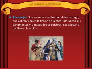 4. Personajes: Son los seres creados por el dramaturgo,
   que cobran vida en la ficción de la obra. Ellos dicen sus
   parlamentos y, a través de sus palabras, nos ayudan a
   configurar la acción.
 