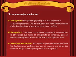  Los personajes pueden ser:

4.1 Protagonista: Es el personaje principal, el más importante.
   Es quien representa a una de las fuerzas que normalmente existen
   en la obra dramática, y que se encuentran en conflicto.

4.2 Antagonista: Es también un personaje importante, y representa a
   la otra fuerza que lucha. El antagonista es, entonces, quien se
   opone al protagonista, está en contra de que él logre sus fines.

4.3 Personajes secundarios: Son aquellos que no representan una de
   las dos fuerzas en conflicto, sino que se suman a una de las dos,
   dando su apoyo ya sea al protagonista o al antagonista.
 
