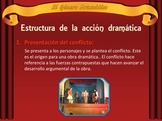 Estructura de la acción dramática
1. Presentación del conflicto:
   Se presenta a los personajes y se plantea el conflicto. Este
   es el origen para una obra dramática.. El conflicto hace
   referencia a las fuerzas contrapuestas que hacen avanzar el
   desarrollo argumental de la obra.
 