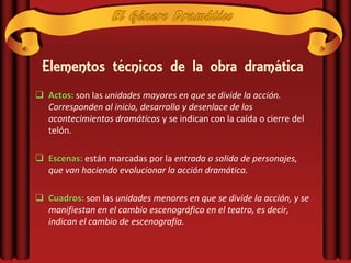 Elementos técnicos de la obra dramática
 Actos: son las unidades mayores en que se divide la acción.
  Corresponden al inicio, desarrollo y desenlace de los
  acontecimientos dramáticos y se indican con la caída o cierre del
  telón.

 Escenas: están marcadas por la entrada o salida de personajes,
  que van haciendo evolucionar la acción dramática.

 Cuadros: son las unidades menores en que se divide la acción, y se
  manifiestan en el cambio escenográfico en el teatro, es decir,
  indican el cambio de escenografía.
 