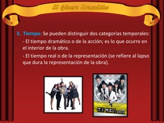 3. Tiempo: Se pueden distinguir dos categorías temporales:
   - El tiempo dramático o de la acción; es lo que ocurre en
   el interior de la obra.
   - El tiempo real o de la representación (se refiere al lapso
   que dura la representación de la obra).
 