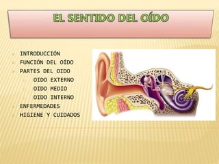  INTRODUCCIÓN
 FUNCIÓN DEL OÍDO
 PARTES DEL OIDO
o OIDO EXTERNO
o OIDO MEDIO
o OIDO INTERNO
 ENFERMEDADES
 HIGIENE Y CUIDADOS
 