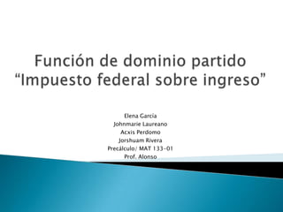 Elena García
  Johnmarie Laureano
     Acxis Perdomo
    Jorshuam Rivera
Precálculo/ MAT 133-01
      Prof. Alonso
 