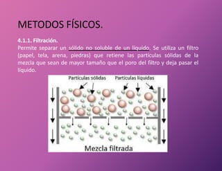 METODOS FÍSICOS.
4.1.1. Filtración.
Permite separar un sólido no soluble de un líquido. Se utiliza un filtro
(papel, tela, arena, piedras) que retiene las partículas sólidas de la
mezcla que sean de mayor tamaño que el poro del filtro y deja pasar el
líquido.
 