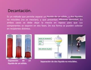 Decantación.
Es un método que permite separar un líquido de un sólido, o dos líquidos
no miscibles (no se mezclan); y que presentan diferente densidad. En
ambos casos se debe dejar la mezcla en reposo para que sus
componentes se separen en dos fases. De esa forma se pueden colectar
en recipientes distintos.
Separación de un
líquido de un sólido.
Separación de dos líquido no miscibles.
 