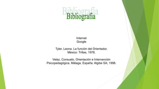 Internet
Google
Tyler, Leona. La función del Orientador,
México: Trillas, 1978.
Velaz, Consuelo, Orientación e Intervención
Psicopedagógica, Málaga, España: Algibe SA; 1998.
 