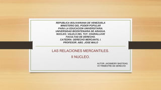 REPUBLICA BOLIVARIANA DE VENEZUELA
MINISTERIO DEL PODER POPULAR
PARA LA EDUCACION UNIVERSITARIA.
UNIVERSIDAD BICENTENARIA DE ARAGUA.
NUCLEO. VALELS DEL TUY. CHARALLAVE
FACULTAD DE DERECHO.
CATEDRA: DERECHO MERCANTIL I.
PROFESOR. ABG. JOSE MALO
LAS RELACIONES MERCANTILES.
II NUCLEO.
AUTOR: JHOSMEIRY BASTIDAS.
VII TRIMESTRE DE DERECHO
 