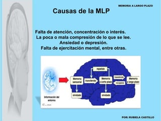 Causas de la MLP 
Falta de atención, concentración o interés. 
La poca o mala compresión de lo que se lee. 
Ansiedad o depresión. 
Falta de ejercitación mental, entre otras. 
 
