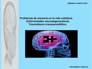 Problemas de memoria en la vida cotidiana. 
Enfermedades neurodegenerativas. 
Traumatismo craneoencefálico. 
 