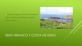 SEIXO BRANCO Y COSTA DE DEXO
Podremos gozar de unas maravillosas
vistas marítimas desde estos lugares.
(Vistas,Calas…)