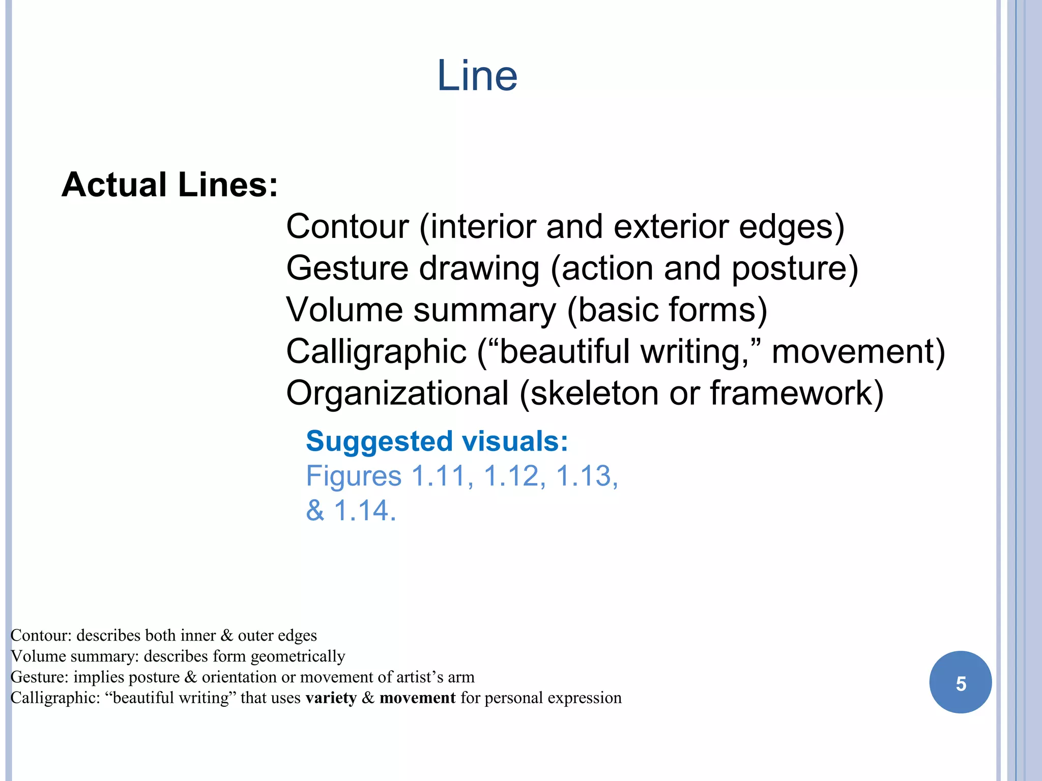 Line
5
Actual Lines:
Contour (interior and exterior edges)
Gesture drawing (action and posture)
Volume summary (basic forms)
Calligraphic (“beautiful writing,” movement)
Organizational (skeleton or framework)
Suggested visuals:
Figures 1.11, 1.12, 1.13,
& 1.14.
Contour: describes both inner & outer edges
Volume summary: describes form geometrically
Gesture: implies posture & orientation or movement of artist’s arm
Calligraphic: “beautiful writing” that uses variety & movement for personal expression
 