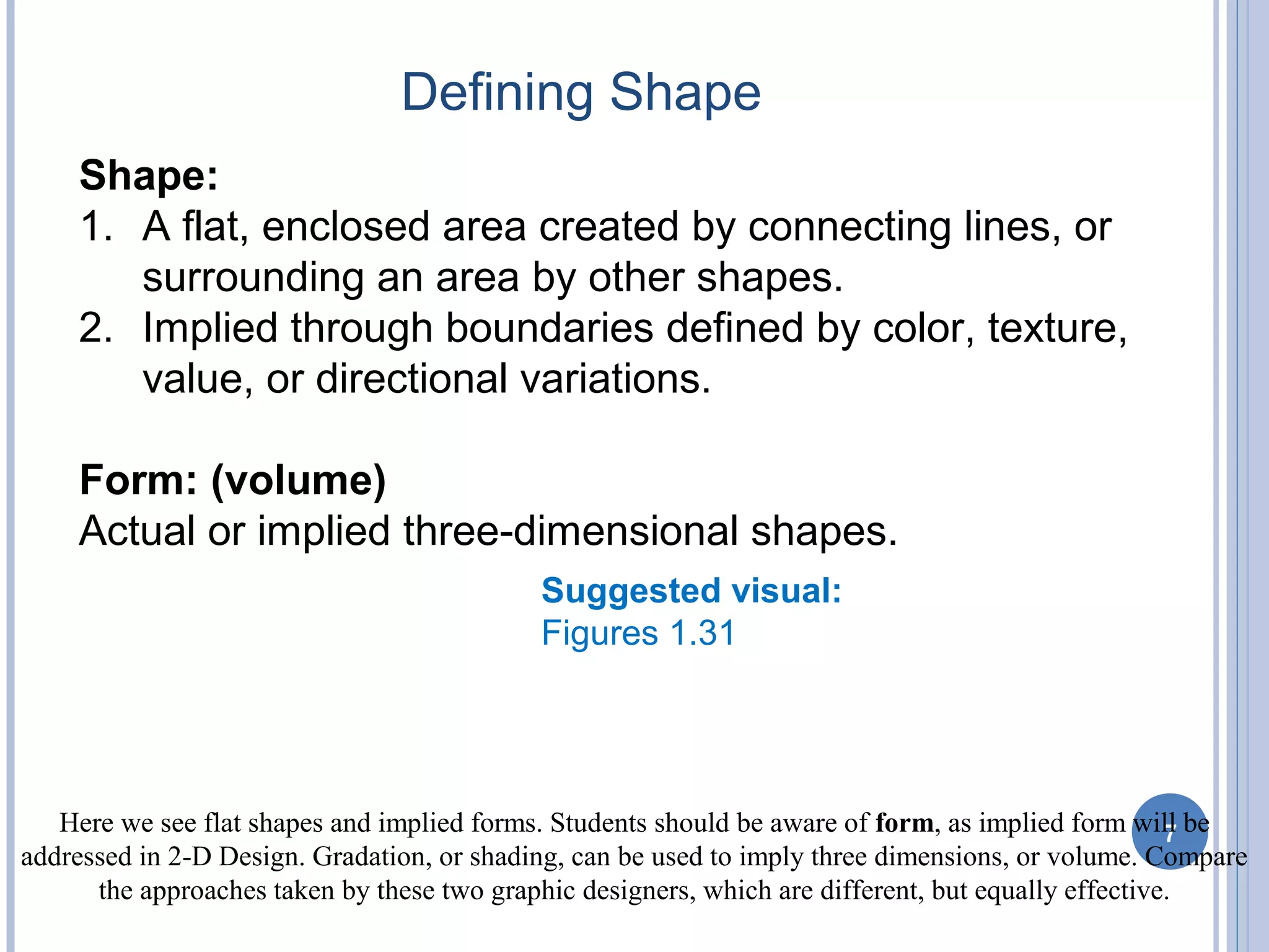 Defining Shape
7
Suggested visual:
Figures 1.31
Shape:
1. A flat, enclosed area created by connecting lines, or
surrounding an area by other shapes.
2. Implied through boundaries defined by color, texture,
value, or directional variations.
Form: (volume)
Actual or implied three-dimensional shapes.
Here we see flat shapes and implied forms. Students should be aware of form, as implied form will be
addressed in 2-D Design. Gradation, or shading, can be used to imply three dimensions, or volume. Compare
the approaches taken by these two graphic designers, which are different, but equally effective.
 