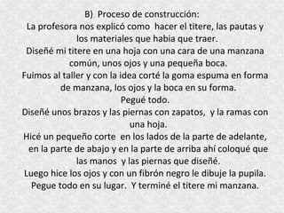 B) Proceso de construcción:
 La profesora nos explicó como hacer el titere, las pautas y
              los materiales que habia que traer.
 Diseñé mi titere en una hoja con una cara de una manzana
            común, unos ojos y una pequeña boca.
Fuimos al taller y con la idea corté la goma espuma en forma
         de manzana, los ojos y la boca en su forma.
                           Pegué todo.
Diseñé unos brazos y las piernas con zapatos, y la ramas con
                             una hoja.
Hicé un pequeño corte en los lados de la parte de adelante,
 en la parte de abajo y en la parte de arriba ahí coloqué que
              las manos y las piernas que diseñé.
Luego hice los ojos y con un fibrón negro le dibuje la pupila.
  Pegue todo en su lugar. Y terminé el titere mi manzana.
 