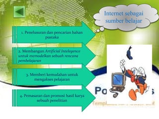 Internet sebagai
sumber belajar
1. Penelusuran dan pencarian bahan
pustaka
2. Membangun Artificial Intelegence
untuk memodelkan sebuah rencana
pembelajaran
3. Memberi kemudahan untuk
mengakses pelajaran
4. Pemasaran dan promosi hasil karya
sebuah penelitian
 