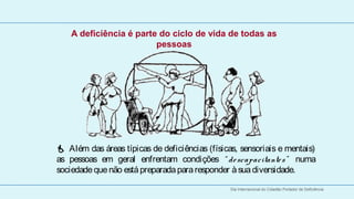 A deficiência é parte do ciclo de vida de todas as 
                             pessoas
 
 




     Além das áreas típicas de deficiências (físicas, sensoriais e mentais)
    as pessoas em geral enfrentam condições “ de scapacitante s” numa
    sociedade que não está preparada para responder à sua diversidade. 

                                                    Dia Internacional do Cidadão Portador de Deficiência
 