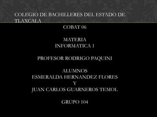 COLEGIO DE BACHILLERES DEL ESTADO DE
TLAXCALA
                COBAT 06

                MATERIA
             INFORMATICA 1

       PROFESOR RODRIGO PAQUINI

               ALUMNOS
     ESMERALDA HERNANDEZ FLORES
                   Y
     JUAN CARLOS GUARNEROS TEMOL

               GRUPO 104
 