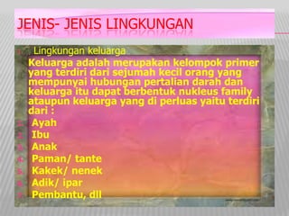 JENIS- JENIS LINGKUNGAN
1. Lingkungan keluarga
Keluarga adalah merupakan kelompok primer
yang terdiri dari sejumah kecil orang yang
mempunyai hubungan pertalian darah dan
keluarga itu dapat berbentuk nukleus family
ataupun keluarga yang di perluas yaitu terdiri
dari :
1. Ayah
2. Ibu
3. Anak
4. Paman/ tante
5. Kakek/ nenek
6. Adik/ ipar
7. Pembantu, dll
 