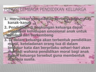 FUNGSI LEMBAGA PENDIDIKAN KELUARGA
1. merupakan pengalaman pertama bagi masa
kanak-kanak
2. Pendidikan di lingkungan keluarga dapat
menjamin kehidupan emosional anak untuk
tumbuh dan berkembang
3. Di dalam keluarga akan terbentuk pendidikan
moral, keteladanan orang tua di dalam
bertutur kata dan berprilaku sehari-hari akan
menjadi wahana pendidikan moral bagi anak
dalam keluarga tersebut guna membentuk
manusia susila.
 