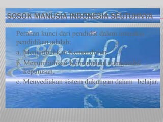 SOSOK MANUSIA INDONESIA SEUTUHNYA
Peranan kunci dari pendidik dalam interaksi
pendidikan adalah:
a. Menumbuhkan Kemandirian.
b. Menumbuhkan Kemampuan mengambil
keputusan.
c. Menyediakan sistem dukungan dalam belajar.
 
