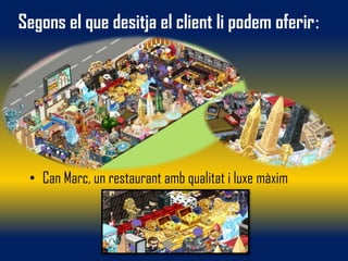 Segons el que desitja el client li podem oferir:




 • Can Marc, un restaurant amb qualitat i luxe màxim
 