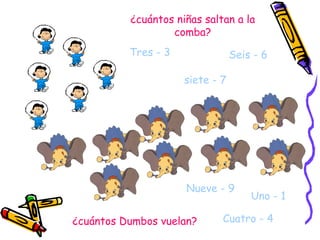 ¿cuántos niñas saltan a la comba? Tres - 3 Seis - 6 siete - 7 Cuatro - 4 Uno - 1 Nueve - 9 ¿cuántos Dumbos vuelan? 