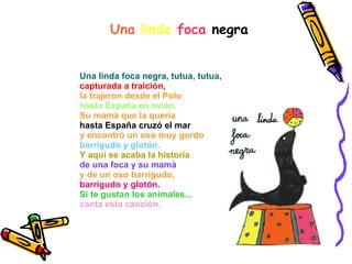 Una  linda   foca   negra                           Una linda foca negra, tutua, tutua,   capturada a traición, la trajeron desde el Polo hasta España en avión. Su mamá que la quería hasta España cruzó el mar y encontró un oso muy gordo barrigudo y glotón.  Y aquí se acaba la historia  de una foca y su mamà y de un oso barrigudo, barrigudo y glotón.  Si te gustan los animales...  canta   esta canción.  