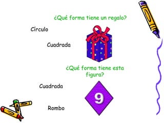 ¿Qué forma tiene un regalo? ¿Qué forma tiene esta figura? Círculo Cuadrada Cuadrada Rombo 