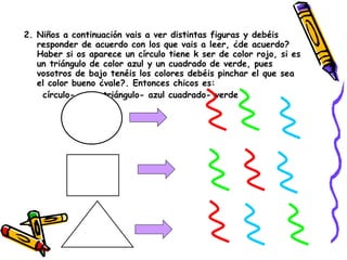 2. Niños a continuación vais a ver distintas figuras y debéis responder de acuerdo con los que vais a leer, ¿de acuerdo? Haber si os aparece un círculo tiene k ser de color rojo, si es un triángulo de color azul y un cuadrado de verde, pues vosotros de bajo tenéis los colores debéis pinchar el que sea el color bueno ¿vale?. Entonces chicos es: círculo- rojo, triángulo- azul cuadrado- verde 
