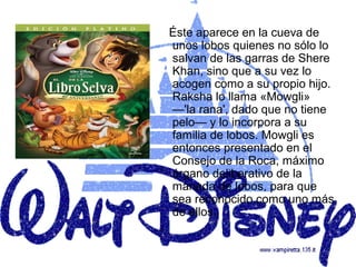Éste aparece en la cueva de
unos lobos quienes no sólo lo
salvan de las garras de Shere
Khan, sino que a su vez lo
acogen como a su propio hijo.
Raksha lo llama «Mowgli»
—'la rana', dado que no tiene
pelo— y lo incorpora a su
familia de lobos. Mowgli es
entonces presentado en el
Consejo de la Roca, máximo
órgano deliberativo de la
manada de lobos, para que
sea reconocido como uno más
de ellos.
 