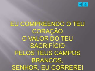 EU COMPREENDO O TEU
      CORAÇÃO
   O VALOR DO TEU
     SACRIFÍCIO
 PELOS TEUS CAMPOS
      BRANCOS,
SENHOR, EU CORREREI
 