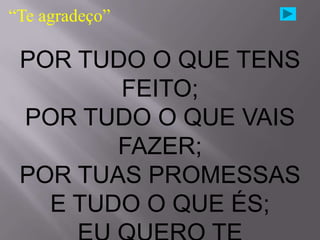 “Te agradeço”

 POR TUDO O QUE TENS
        FEITO;
 POR TUDO O QUE VAIS
        FAZER;
 POR TUAS PROMESSAS
   E TUDO O QUE ÉS;
 