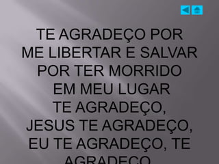 TE AGRADEÇO POR
ME LIBERTAR E SALVAR
  POR TER MORRIDO
    EM MEU LUGAR
    TE AGRADEÇO,
JESUS TE AGRADEÇO,
 EU TE AGRADEÇO, TE
 