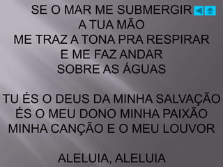 SE O MAR ME SUBMERGIR
          A TUA MÃO
 ME TRAZ A TONA PRA RESPIRAR
       E ME FAZ ANDAR
       SOBRE AS ÁGUAS

TU ÉS O DEUS DA MINHA SALVAÇÃO
  ÉS O MEU DONO MINHA PAIXÃO
 MINHA CANÇÃO E O MEU LOUVOR

       ALELUIA, ALELUIA
 