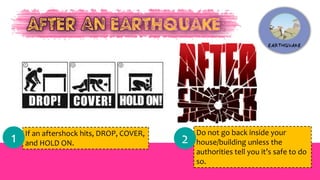 If an aftershock hits, DROP, COVER,
and HOLD ON.1 Do not go back inside your
house/building unless the
authorities tell you it’s safe to do
so.
2
 