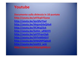 Youtube
Documento sulla dislessia in 10 puntate
http://youtu.be/a4TEqD7Zyew
http://youtu.be/igsQllyYtwI
http://youtu.be/MqjmG4xQHx4
http://youtu.be/lfC9KqZiick
http://youtu.be/SsHm_uRW3TI
http://youtu.be/qHTPrqvt5gk
http://youtu.be/i9YfvM9AEtY
http://youtu.be/kHbGNPQgba0
http://youtu.be/ojolCii_wsk
http://youtu.be/XWpVg0IB0uU
 