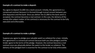Example of a contract to make a deposit:
You agree to deposit $1,000 into a bank account. Initially, this agreement is a
consensual contract because it is formed through mutual consent between you
(the depositor) and the bank. Once you deliver the $1,000 to the bank and it is
accepted, the contract becomes a real contract. In this case, the delivery of the
money (the subject matter of the contract) is necessary for the contract to be fully
executed and enforceable.
Example of a contract to make a pledge:
Suppose you agree to pledge your valuable watch as collateral for a loan. Initially,
this agreement is a consensual contract because both you (the pledgor) and the
lender agree to the terms of the pledge. However, the contract becomes a real
contract once you physically deliver the watch to the lender as collateral. The
delivery of the pledged item is essential for the contract to be fully enforceable.
 