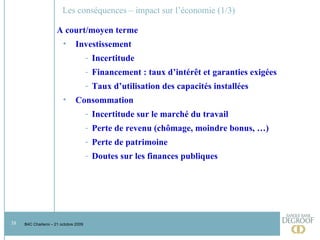 Les conséquences – impact sur l’économie (1/3) A court/moyen terme Investissement Incertitude Financement : taux d’intérêt et garanties exigées Taux d’utilisation des capacités installées Consommation Incertitude sur le marché du travail Perte de revenu (chômage, moindre bonus, …) Perte de patrimoine Doutes sur les finances publiques 