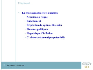 Conclusion La crise aura des effets durables Aversion au risque Endettement Régulation du système financier Finances publiques Hypothèque d’inflation Croissance économique potentielle 