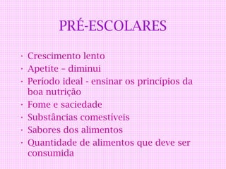 PRÉ-ESCOLARES

• Crescimento lento
• Apetite – diminui
• Período ideal - ensinar os princípios da
  boa nutrição
• Fome e saciedade
• Substâncias comestíveis
• Sabores dos alimentos
• Quantidade de alimentos que deve ser
  consumida
 