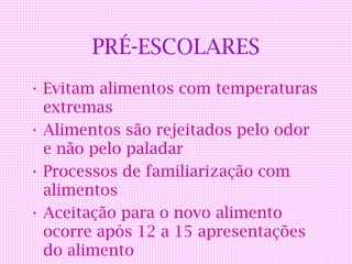 PRÉ-ESCOLARES
• Evitam alimentos com temperaturas
  extremas
• Alimentos são rejeitados pelo odor
  e não pelo paladar
• Processos de familiarização com
  alimentos
• Aceitação para o novo alimento
  ocorre após 12 a 15 apresentações
  do alimento
 