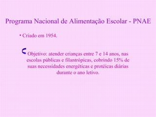 Programa Nacional de Alimentação Escolar - PNAE
    • Criado em 1954.


       Objetivo: atender crianças entre 7 e 14 anos, nas
       escolas públicas e filantrópicas, cobrindo 15% de
       suas necessidades energéticas e protéicas diárias
                     durante o ano letivo.
 