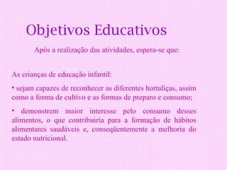 Objetivos Educativos
       Após a realização das atividades, espera-se que:


As crianças de educação infantil:
• sejam capazes de reconhecer as diferentes hortaliças, assim
como a forma de cultivo e as formas de preparo e consumo;
• demonstrem maior interesse pelo consumo desses
alimentos, o que contribuiria para a formação de hábitos
alimentares saudáveis e, conseqüentemente a melhoria do
estado nutricional.
 
